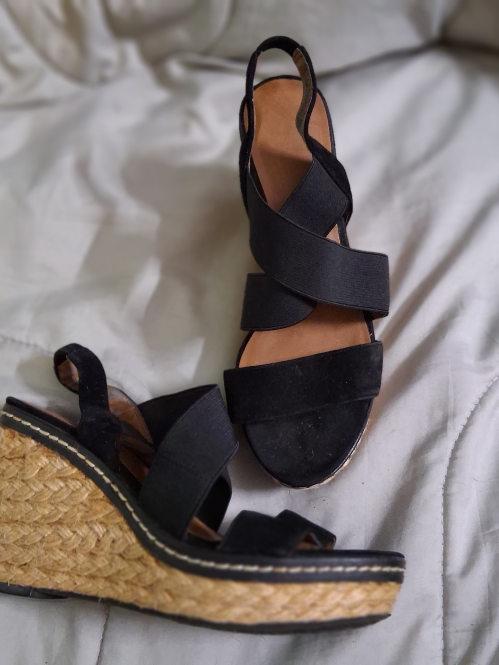 Franko Sarto Black Wedge Sandals with Crisscross Straps And Rope Wedge Heel